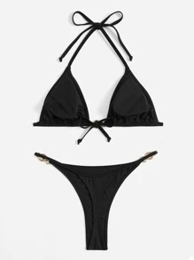 SHEIN Swim Summer Beach O-Ring Detail Halter Triangle Thong Bikini - Black - View 2