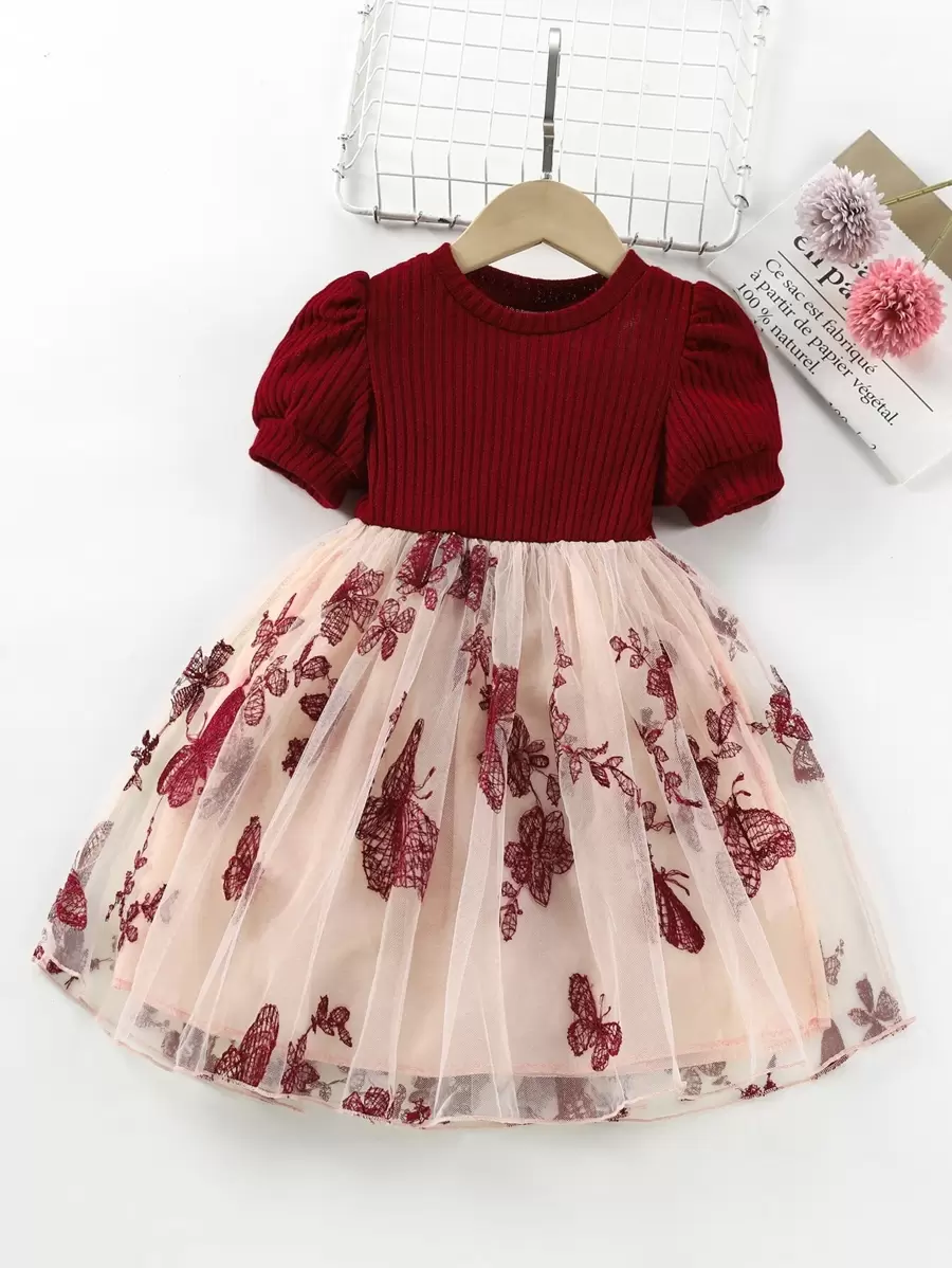 SHEIN Glamorique Kids Young Girl Butterfly & Floral Embroidered Mesh Hem Dress - Multicolor - View 1