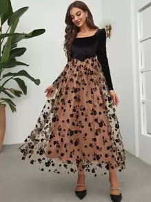 Modelyn Floral Mesh Hem Velvet Dress - Multicolor - View 1