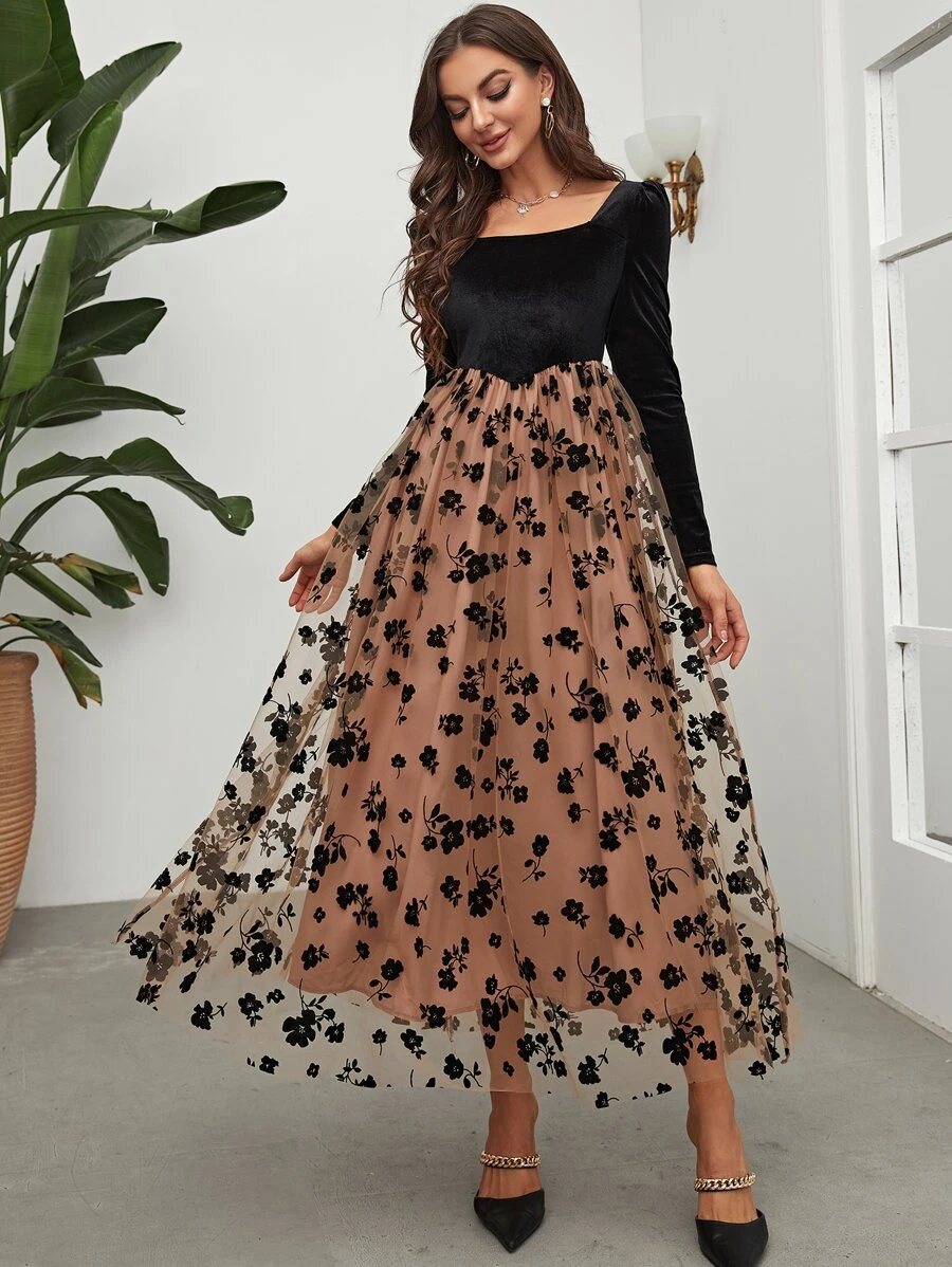 Modelyn Floral Mesh Hem Velvet Dress - Multicolor - View 1