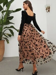 Modelyn Floral Mesh Hem Velvet Dress - Multicolor - View 2