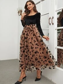 Modelyn Floral Mesh Hem Velvet Dress - Multicolor - View 3