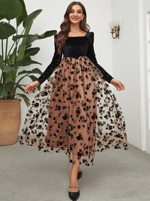 Modelyn Floral Mesh Hem Velvet Dress - Multicolor - View 4