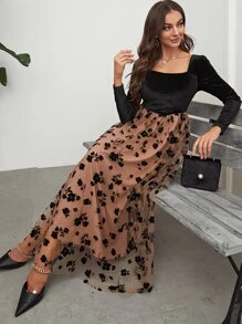 Modelyn Floral Mesh Hem Velvet Dress - Multicolor - View 5