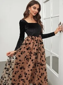 Modelyn Floral Mesh Hem Velvet Dress - Multicolor - View 6