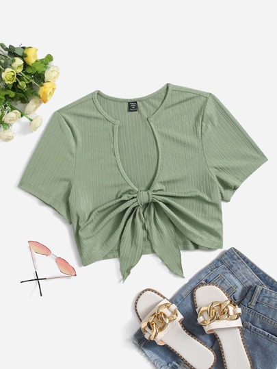 Plus Ribbed Knit Tie Front Top