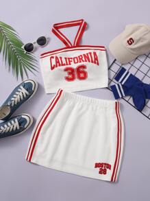 SHEIN EZwear 字母圖案織帶拼接掛脖上衣和包臀半身裙 - 白色 - 查看 1