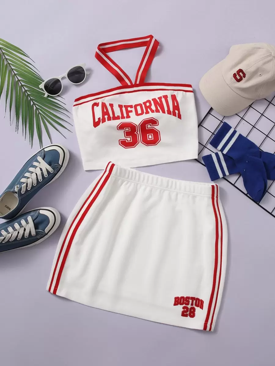 SHEIN EZwear 字母圖案織帶拼接掛脖上衣和包臀半身裙 - 白色 - 查看 1