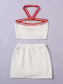 SHEIN EZwear 字母圖案織帶拼接掛脖上衣和包臀半身裙 - 白色 - 查看 2