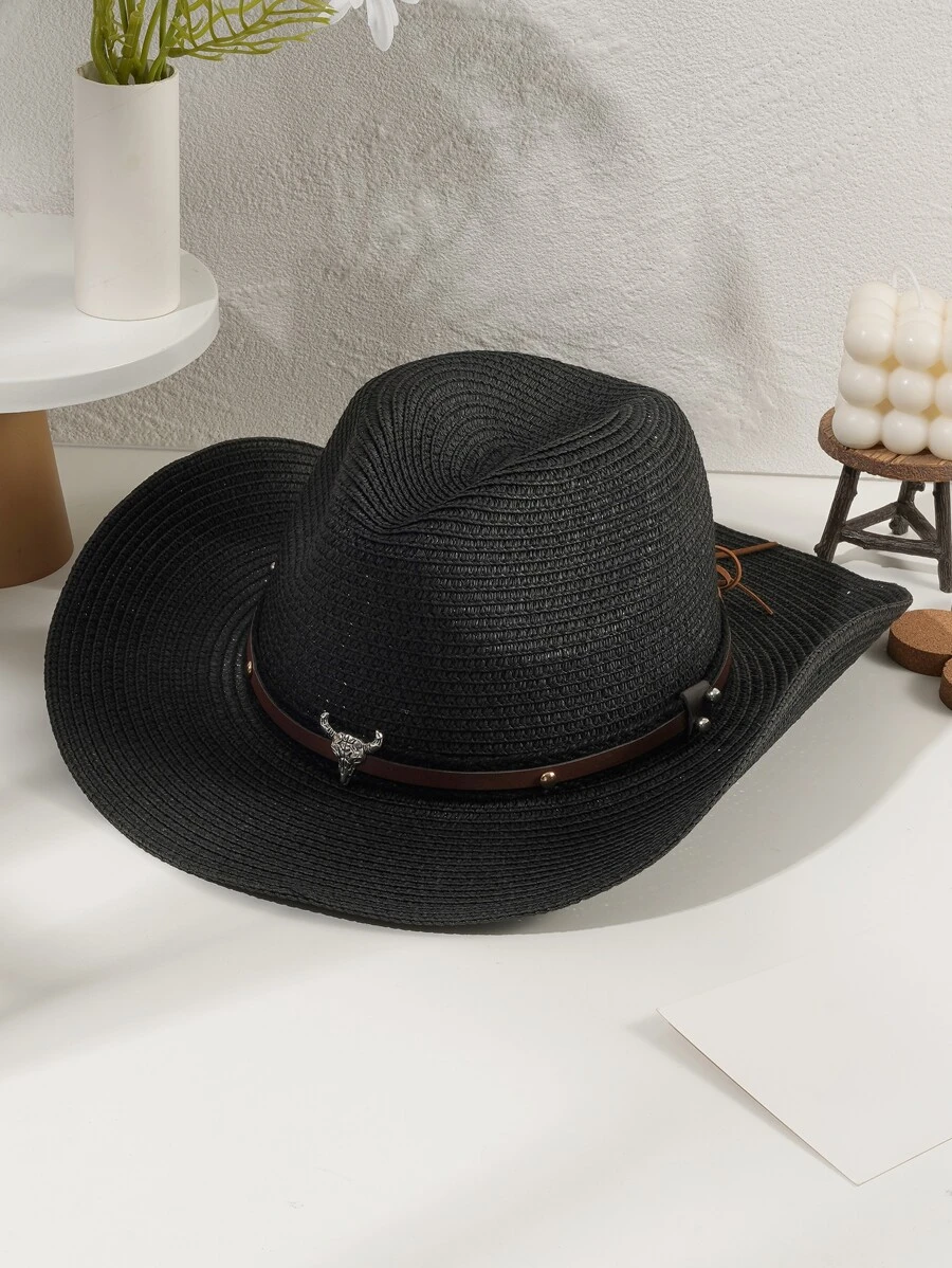 公牛和鉚釘裝飾草編帽 - 黑色 - 查看 1