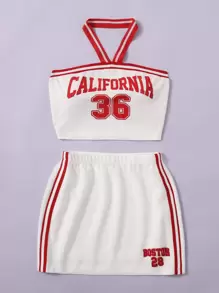 SHEIN EZwear 字母圖案織帶拼接掛脖上衣和包臀半身裙 - 白色 - 查看 3