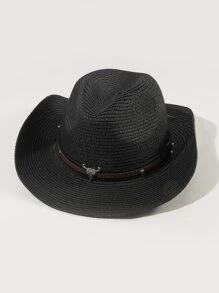 公牛和鉚釘裝飾草編帽 - 黑色 - 查看 2