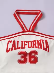 SHEIN EZwear 字母圖案織帶拼接掛脖上衣和包臀半身裙 - 白色 - 查看 5