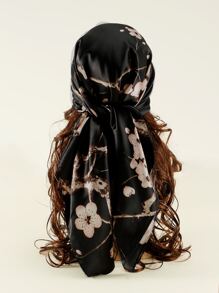 1pc 90*90cm Printed Plum Blossom & Geometric Pattern Satin Scarf & Headband - Black - View 2