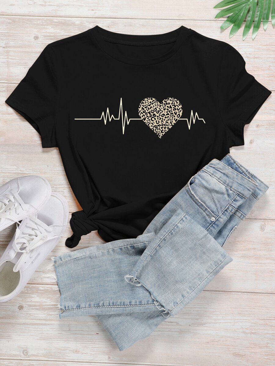 SHEIN LUNE Electrocardiogram Print Round Neck T-Shirt - Black - View 1