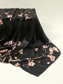 1pc 90*90cm Printed Plum Blossom & Geometric Pattern Satin Scarf & Headband - Black - View 3