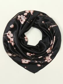 1pc 90*90cm Printed Plum Blossom & Geometric Pattern Satin Scarf & Headband - Black - View 5