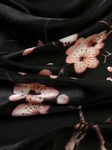 1pc 90*90cm Printed Plum Blossom & Geometric Pattern Satin Scarf & Headband - Black - View 6