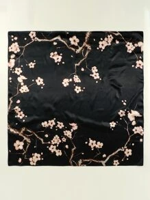 1pc 90*90cm Printed Plum Blossom & Geometric Pattern Satin Scarf & Headband - Black - View 7