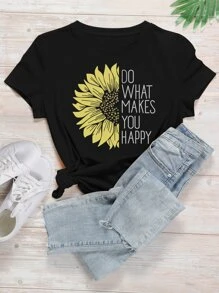Slogan And Sunflower Print Tee - Black - View 1