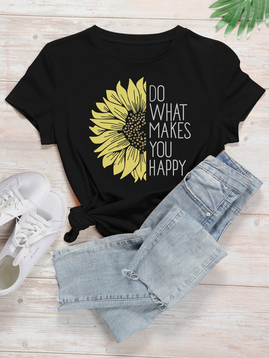 Slogan And Sunflower Print Tee - Black - View 1
