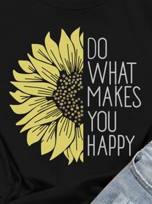 Slogan And Sunflower Print Tee - Black - View 4