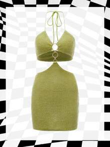 SHEIN ICON Dopamine Dressing Cut Out O-ring Detail Halter Neck Backless Bodycon Dress - Lime Green - View 1