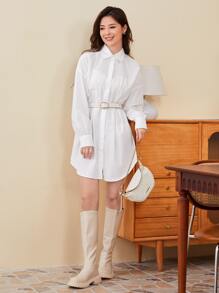 SHEIN Frenchy Collared Fold Pleated Waist Curved Hem Shirt Dress Winter New Year White White - White - View 1