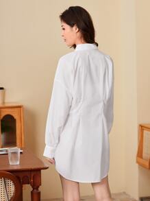 SHEIN Frenchy Collared Fold Pleated Waist Curved Hem Shirt Dress Winter New Year White White - White - View 2