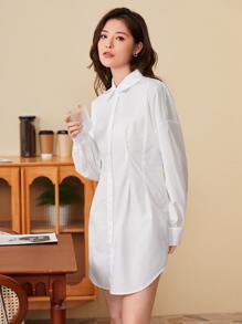 SHEIN Frenchy Collared Fold Pleated Waist Curved Hem Shirt Dress Winter New Year White White - White - View 3