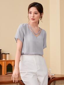 SHEIN LUNE Mesh Insert Solid Top - Grey - View 4