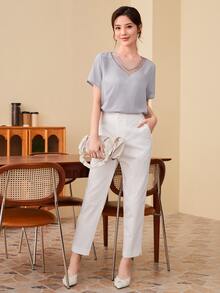 SHEIN LUNE Mesh Insert Solid Top - Grey - View 5