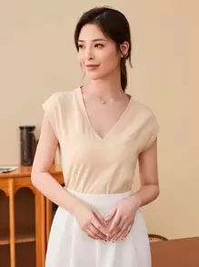 SHEIN Unity V-neck Cap Sleeve Solid Tee - Apricot - View 1