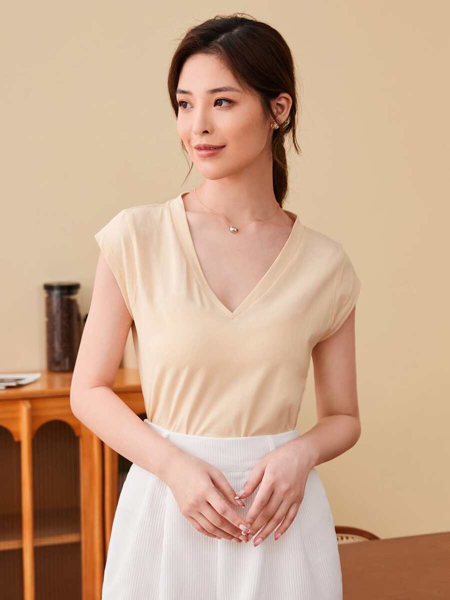SHEIN Unity V-neck Cap Sleeve Solid Tee - Apricot - View 1