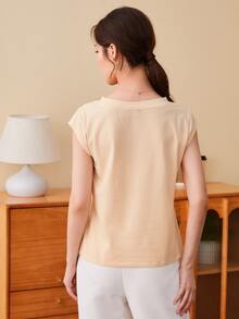 SHEIN Unity V-neck Cap Sleeve Solid Tee - Apricot - View 2
