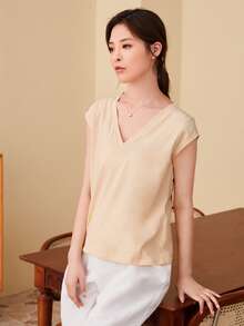 SHEIN Unity V-neck Cap Sleeve Solid Tee - Apricot - View 3