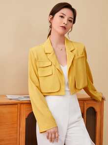 SHEIN 翻蓋細節開門襟短版西裝 - 芥末黃 - 查看 3