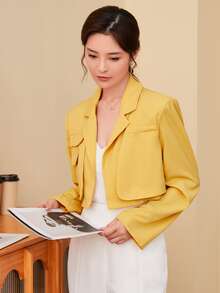 SHEIN 翻蓋細節開門襟短版西裝 - 芥末黃 - 查看 4
