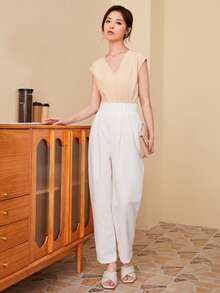 SHEIN Unity V-neck Cap Sleeve Solid Tee - Apricot - View 5