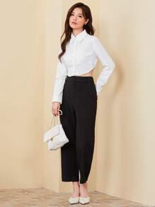 SHEIN EZwear 休闲百搭纯色弧形下摆短款衬衫、长袖上衣