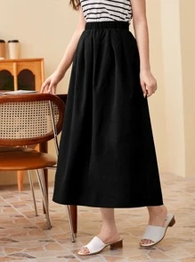 Mulvari Elastic Waist Solid Flare Skirt - Black - View 3