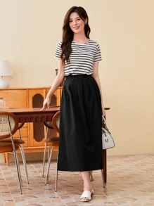 Mulvari Elastic Waist Solid Flare Skirt - Black - View 4