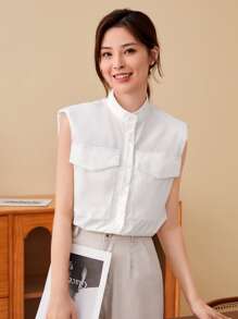 Seusyu Padded Shoulder Flap Pocket Solid Blouse - White - View 1