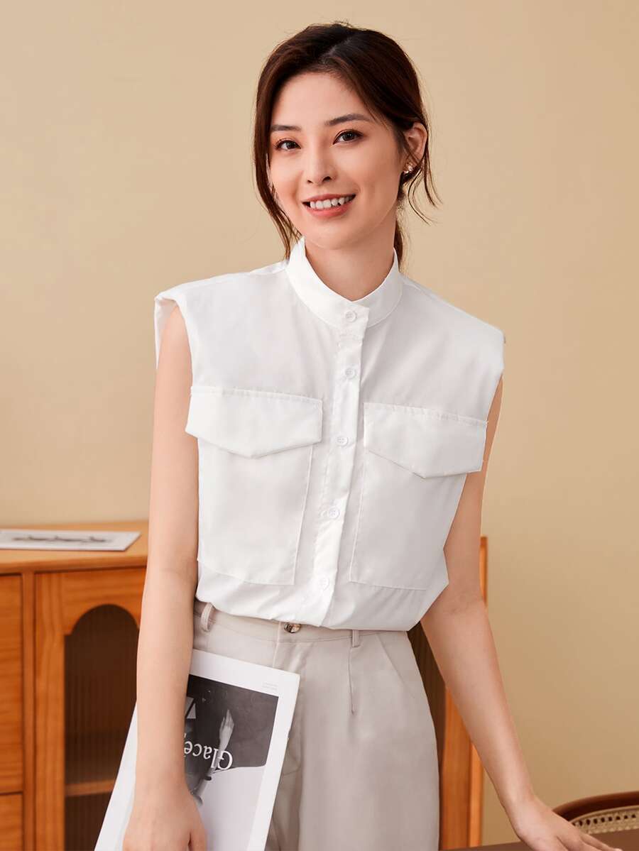 Seusyu Padded Shoulder Flap Pocket Solid Blouse - White - View 1