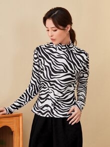 SHEIN Privé 高領斑馬條紋T恤 - 黑與白 - 查看 3