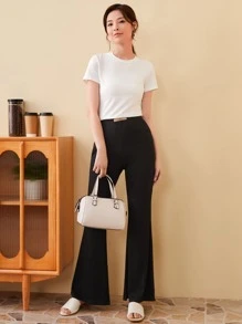 SHEIN EZwear 夏季服装高腰贴花喇叭裤 - 黑色 - 查看 5