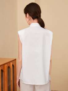 Seusyu Padded Shoulder Flap Pocket Solid Blouse - White - View 2