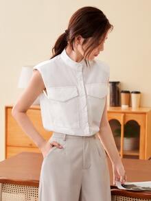 Seusyu Padded Shoulder Flap Pocket Solid Blouse - White - View 3