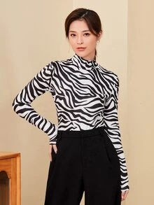 SHEIN Privé 高領斑馬條紋T恤 - 黑與白 - 查看 5