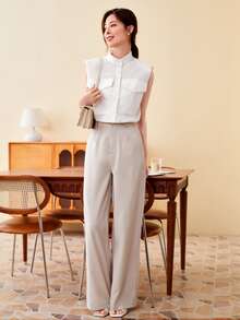 Seusyu Padded Shoulder Flap Pocket Solid Blouse - White - View 5